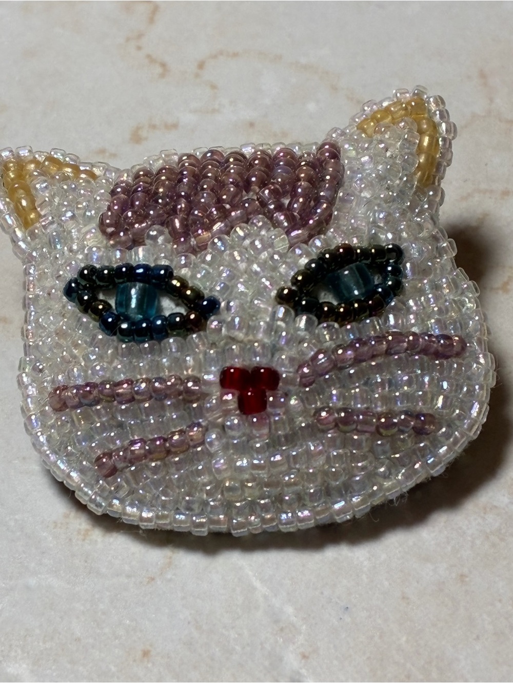 Beaded Cat Brooch Pin - White and Pink Beadwork